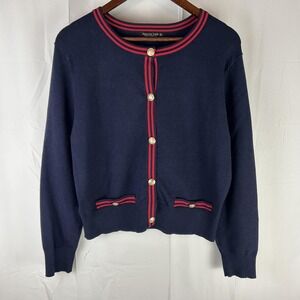 Emerson Lang Cardigan Sweater‎ Womens XL Navy Crew Neck Stripe Trim Gold Button